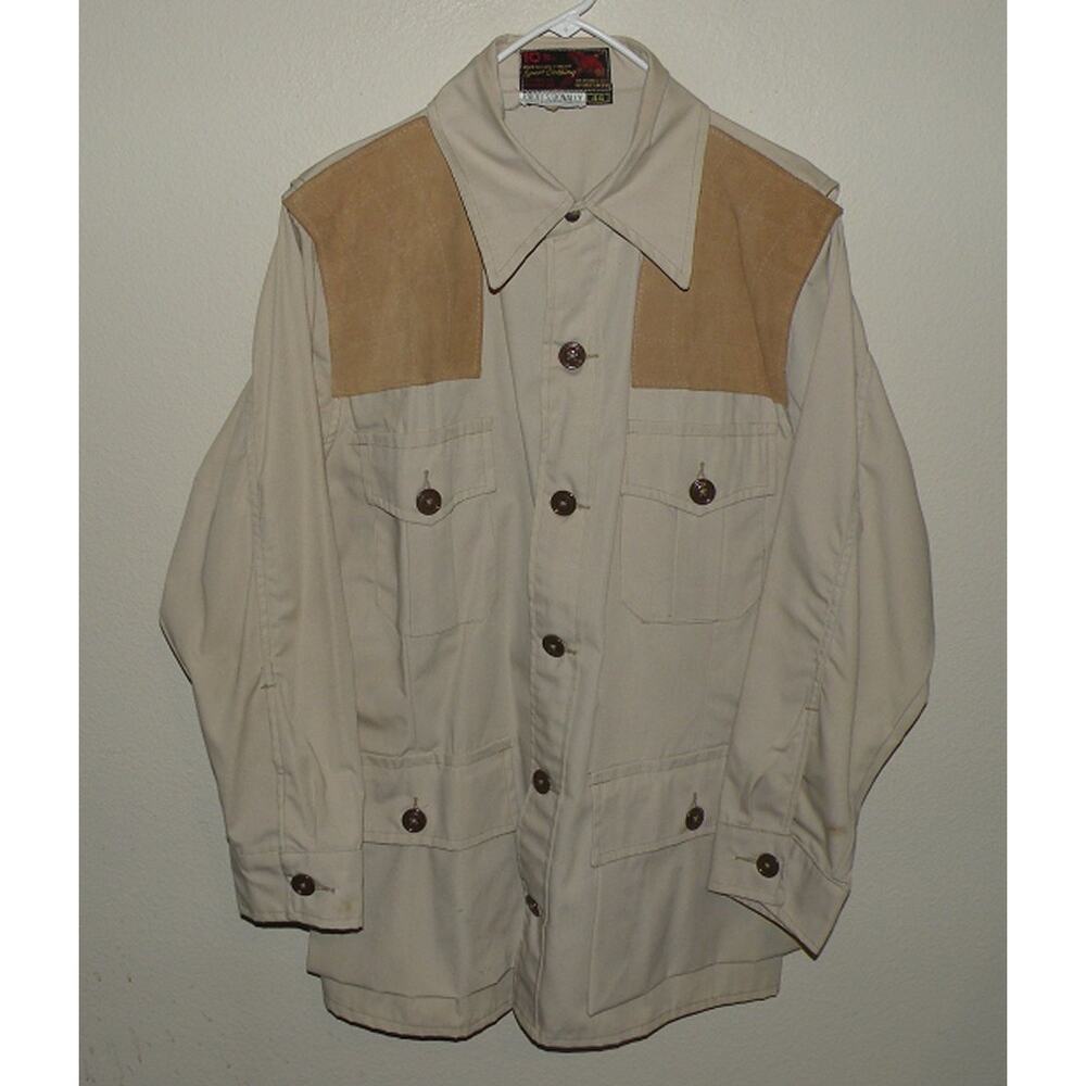 Vtg 60s 10X Men’s 44 Shooting Shirt Jacket Beige Leather Shoulder Pads USA